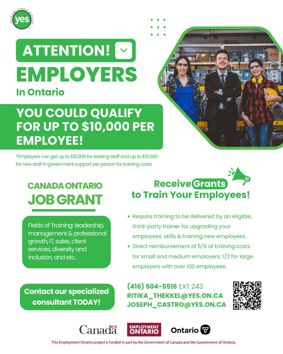 yestoronto's tweet image. 🚨 Ontario employers: You could get $10K/employee for training! YES can help you apply through the Canada-Ontario Job Grant.

📧 ritika_thekkel@yes.on.ca
📞 (416) 504-5516 x243

#YESPrograms #TrainingSupport #OntarioEmployers