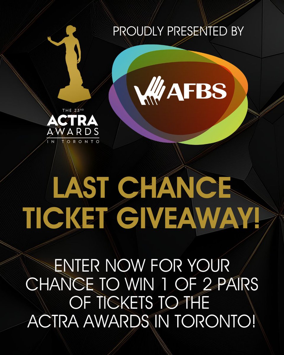 The 23rd #ACTRAAwards in Toronto, proudly presented by AFBS, is officially SOLD OUT — but we’ve got the 🎟️ last four tickets to give away!

✨ Here’s your chance to attend this year’s ACTRA Awards on Thursday, May 8th at Koerner Hall at the TELUS Centre for Performance and