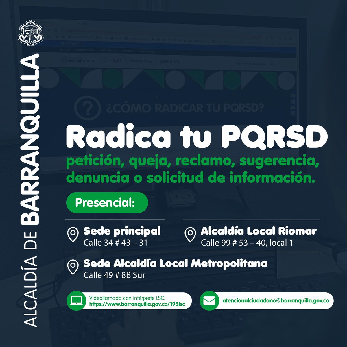 ¿Ya conoces los canales habilitados para radicar tus PQRSD? Aquí te los contamos 👇🏼

En ellos puedes presentar: peticiones, quejas, reclamos, sugerencias, denuncias o solicitar información, de forma presencial o virtual.

Si tienes dudas, comunícate con nuestra Línea 195.