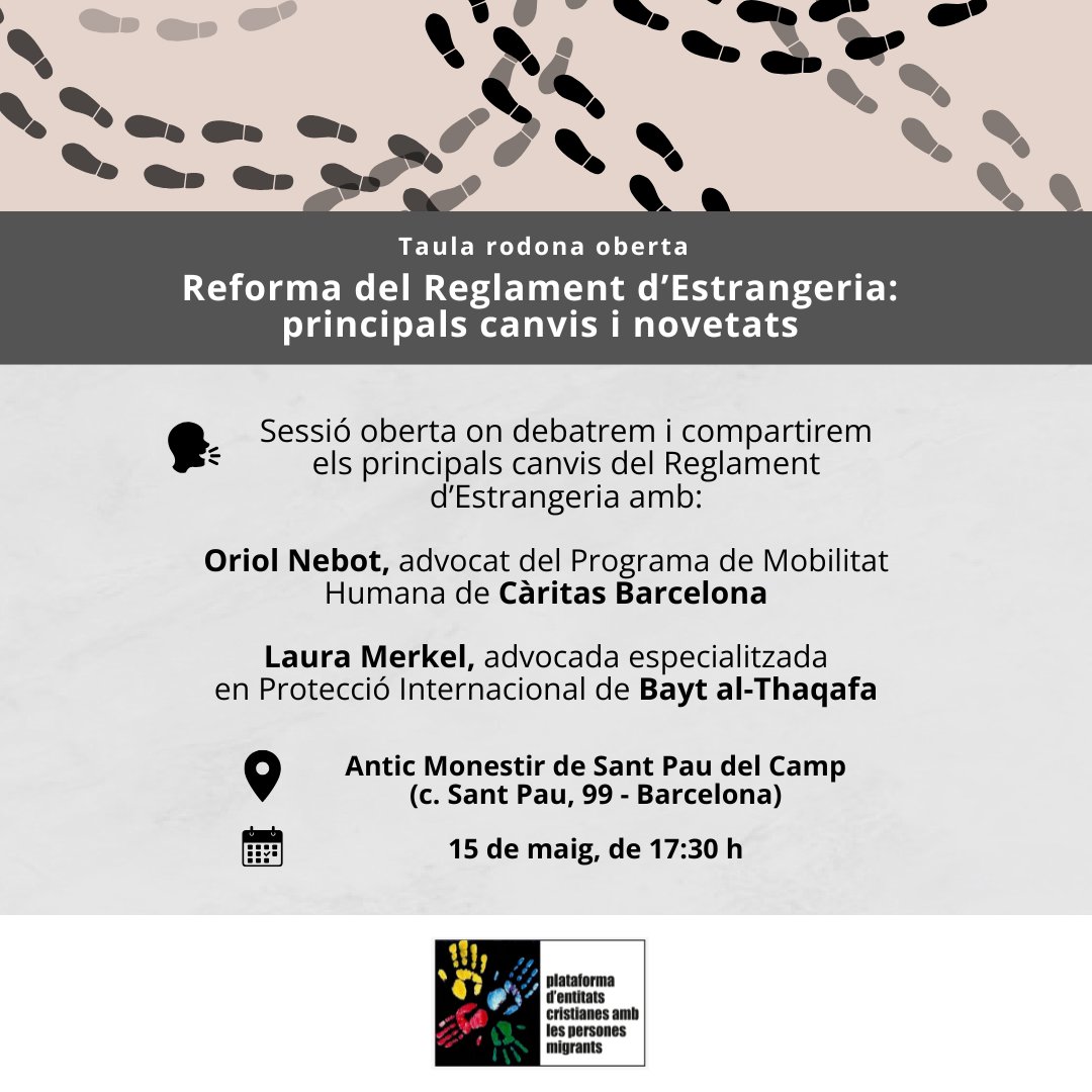 👣 Laura Merkel, advocada del nostre programa de Protecció Internacional, i Oriol Nebot, advocat a <a href="/caritasbcn/">Càritas Barcelona</a>, debatran entorn a la reforma del Reglament d'Estrangeria dijous vinent, dia 15, a l'Antic Monestir de St. Pau del Camp.

➕ info i inscripció 👉 bayt-al-thaqafa.org/ca/taula-rodon…