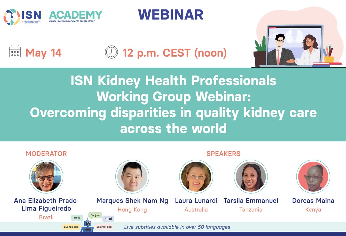 Int Society of Nephrology (@isnkidneycare) on Twitter photo 𝗦𝗔𝗩𝗘 𝗧𝗛𝗘 𝗗𝗔𝗧𝗘 for the next ISN Kidney Health Professionals Working Group Webinar: "Overcoming disparities in quality kidney care across the world."
🗣️ Marques Shek Nam Ng, Laura Lunardi, <a href="/MgishaMrs/">Tarsila Emmanuel Chuleha</a>, Dorcas Maina
👥 <a href="/AnaElizabethPLF/">Ana Elizabeth Figueiredo</a>
🗓️ May 14
🕑 12 pm CEST
🔗 Free 𝗦𝗔𝗩𝗘 𝗧𝗛𝗘 𝗗𝗔𝗧𝗘 for the next ISN Kidney Health Professionals Working Group Webinar: "Overcoming disparities in quality kidney care across the world."
🗣️ Marques Shek Nam Ng, Laura Lunardi, <a href="/MgishaMrs/">Tarsila Emmanuel Chuleha</a>, Dorcas Maina
👥 <a href="/AnaElizabethPLF/">Ana Elizabeth Figueiredo</a>
🗓️ May 14
🕑 12 pm CEST
🔗 Free