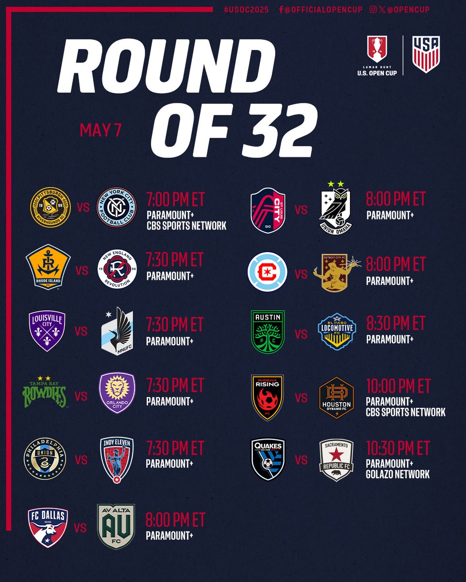 U.S. Open Cup (@opencup) on Twitter photo It's Round of 32 Week 😍 #USOC2025
👋, <a href="/MLS/">Major League Soccer</a>
WATCH all 16 GAMES LIVE on <a href="/paramountplus/">Paramount+</a> with 3 GAMES on <a href="/CBSSports/">CBS Sports</a> & 3 GAMES (+ Wed. May 7 Whip-Around Show) on <a href="/CBSSportsGolazo/">CBS Sports Golazo ⚽️</a> It's Round of 32 Week 😍 #USOC2025
👋, <a href="/MLS/">Major League Soccer</a>
WATCH all 16 GAMES LIVE on <a href="/paramountplus/">Paramount+</a> with 3 GAMES on <a href="/CBSSports/">CBS Sports</a> & 3 GAMES (+ Wed. May 7 Whip-Around Show) on <a href="/CBSSportsGolazo/">CBS Sports Golazo ⚽️</a>