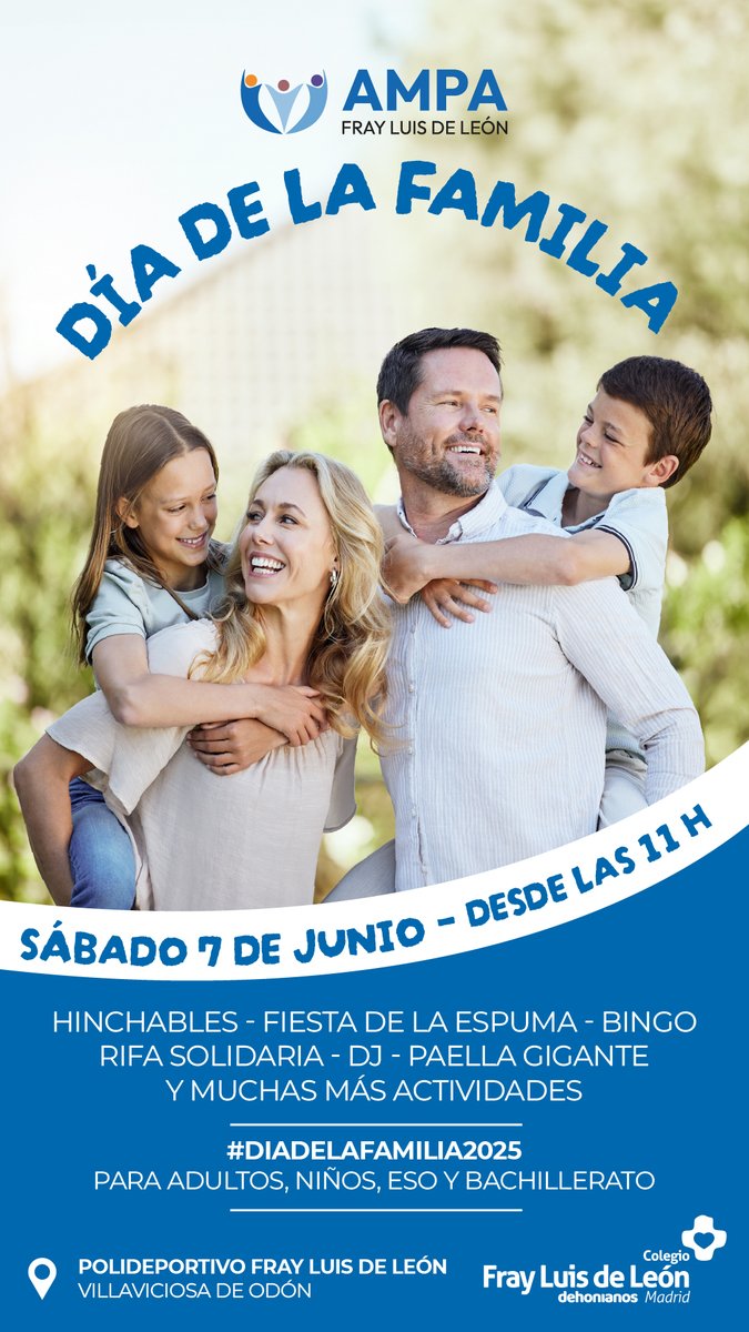¡Vuelve el Día de la Familia!
Este sábado 7 de junio, prepárate para un día lleno de diversión, música, risas y actividades para todas las edades: adultos, niños, ESO y Bachillerato.
📷 Sábado 7 de junio | Desde las 11 h
📷 Polideportivo Fray Luis de León, Villaviciosa de Odón