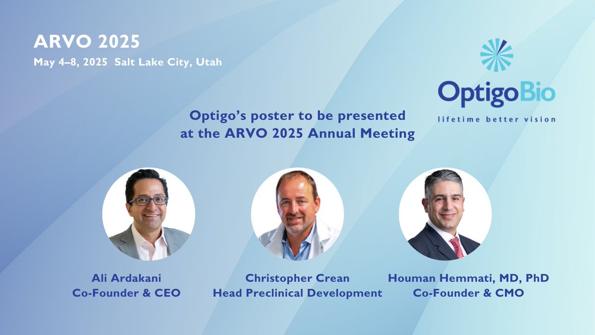 The <a href="/ARVOinfo/">ARVO</a> #ARVO2025 Annual Meeting has commenced! The <a href="/OptigoBio/">OptigoBio</a> team—Ali Ardakani, Co-Founder &amp; CEO; Christopher Crean, Head Preclinical Development; and Dr. @HoumanHemmati, Co-Founder &amp; CMO—are delighted to attend and look forward to presenting #OptigoBio's poster on May 6.