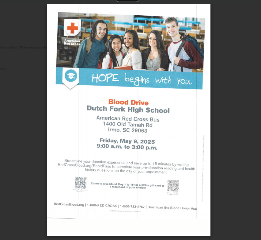 dutchforkhigh's tweet image. 🩸✨ Be a hero! Join us this Friday, May 9th, from 9 AM to 3 PM at Dutch Fork High School for a blood drive! Every drop counts! 💖 Are you ready to save lives? 🙌 #BloodDrive #SaveLives #GiveBlood