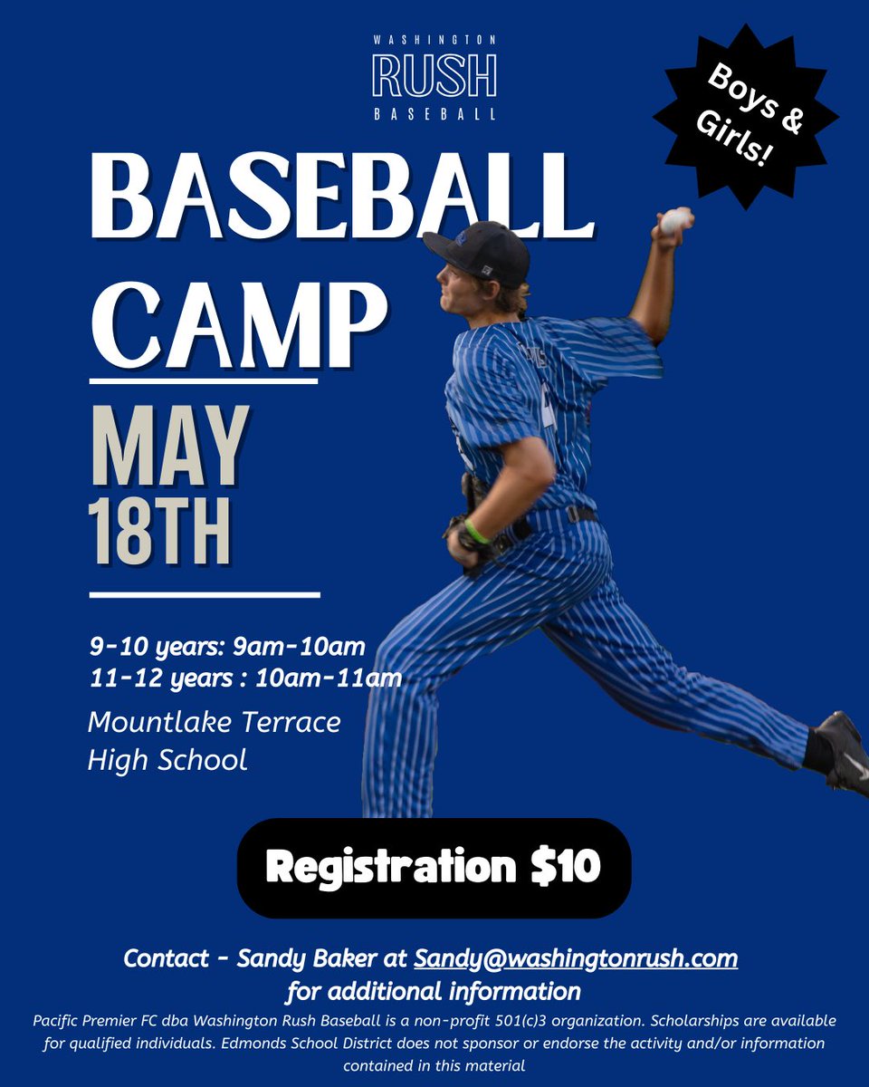 Rush Baseball (@rushbaseball1) on Twitter photo Step up to the plate this summer! Join us for the Washington Rush Baseball Camp on May 18th at Mountlake Terrace High School!
Scholarships available – email Sandy@washingtonrush.com for more info.
Let’s play ball!
Register here: …tonrushbaseball.demosphere-secure.com/_registration Step up to the plate this summer! Join us for the Washington Rush Baseball Camp on May 18th at Mountlake Terrace High School!
Scholarships available – email Sandy@washingtonrush.com for more info.
Let’s play ball!
Register here: …tonrushbaseball.demosphere-secure.com/_registration