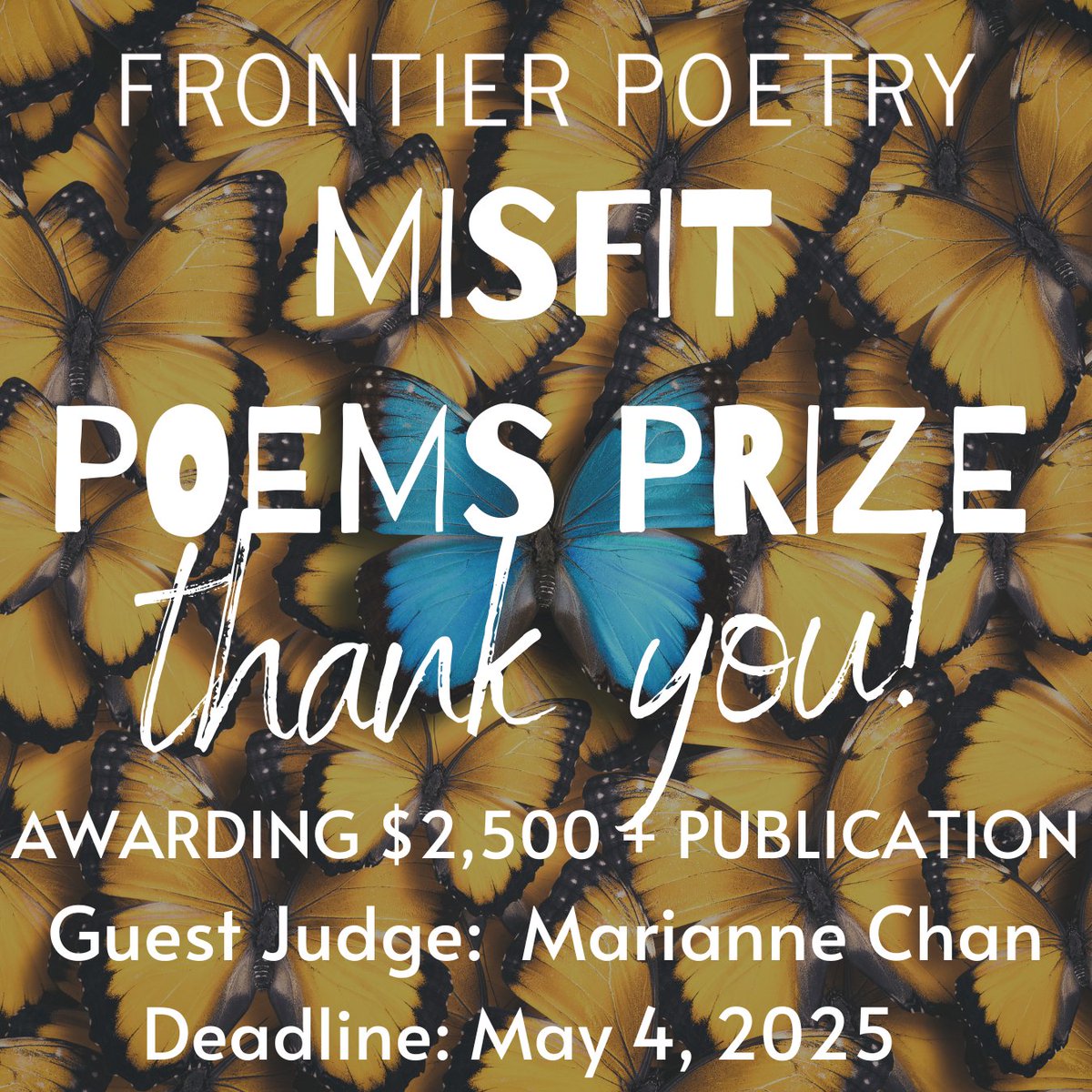 Frontier Poetry (@frontierpoetry) on Twitter photo To all the misfit poets who submitted—thank you! Your daring, boundary-pushing poetry is what makes this prize special. For any questions about your submission, please check out our FAQ page or email us at contact@frontierpoetry.com.
frontierpoetry.com/faq/ To all the misfit poets who submitted—thank you! Your daring, boundary-pushing poetry is what makes this prize special. For any questions about your submission, please check out our FAQ page or email us at contact@frontierpoetry.com.
frontierpoetry.com/faq/