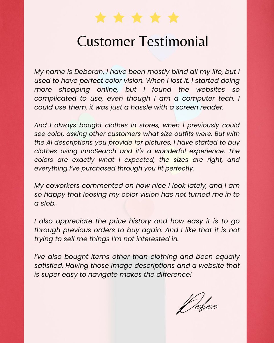 innosearchai's tweet image. 🛍️ “Shopping online used to be a hassle... until I found InnoSearch.”
Debee, a lifelong tech-savvy user, shares how InnoSearch transformed her online shopping experience with AI-powered image descriptions and truly accessible design.

From clothing to everyday essentials, she…
