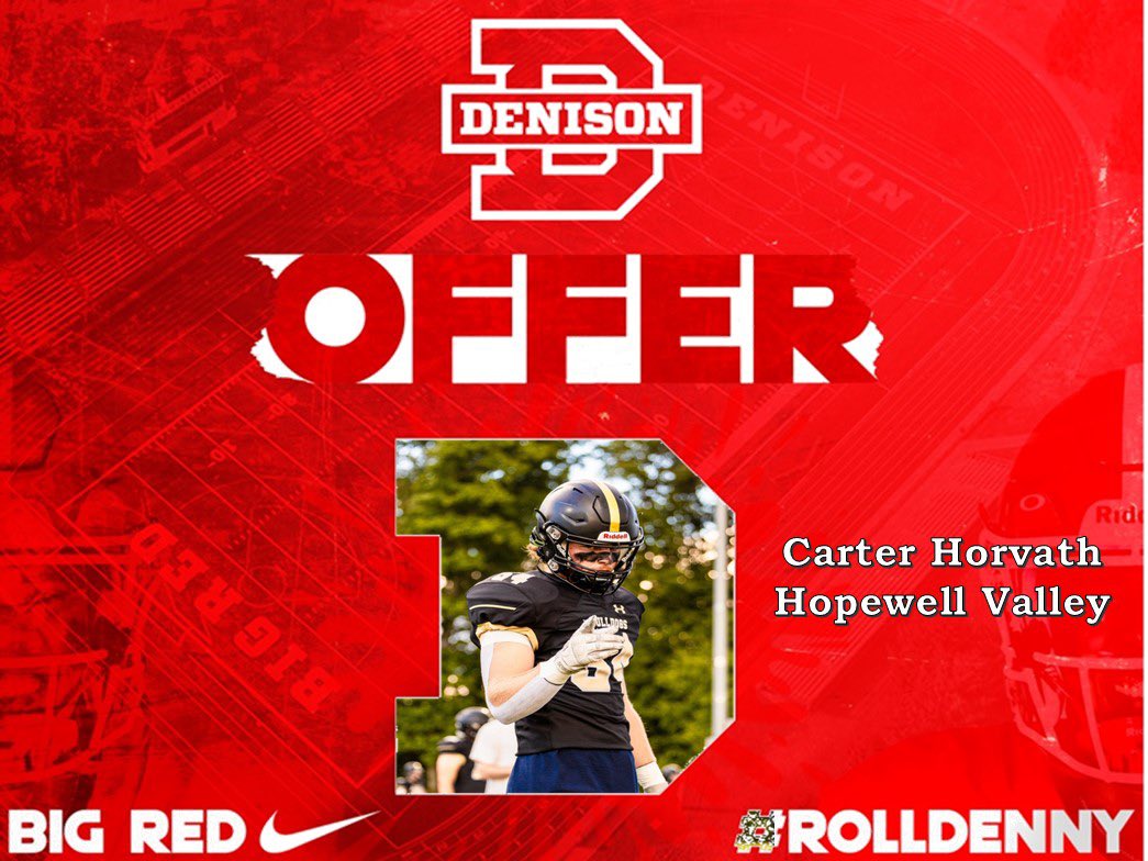 Carter Horvath (@carter_horvath_) on Twitter photo I’m exited to receive my first offer from <a href="/DUFootball/">Denison Football</a>. Thank you <a href="/Moses_Adam_86/">Adam Moses</a> and <a href="/coachhatem/">Jack Hatem</a>
#rolldenny ❤️🤍 I’m exited to receive my first offer from <a href="/DUFootball/">Denison Football</a>. Thank you <a href="/Moses_Adam_86/">Adam Moses</a> and <a href="/coachhatem/">Jack Hatem</a>
#rolldenny ❤️🤍