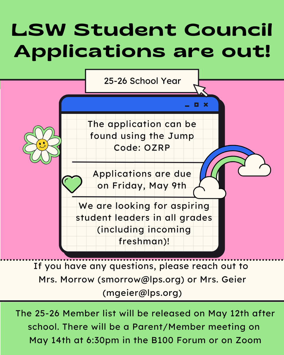 Interested in being part of Student Council?  Now is the time to apply!  Applications close on Friday, May 9th!  Don't miss the chance to be part of this outstanding group!  Use jump code - OZRP to apply!