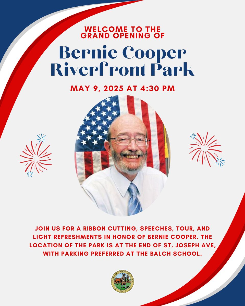 This Friday at 4:30 PM will hold the grand opening of Bernie Cooper Riverfront Park. Please stay tuned for weather updates. 🏞️

#NorwoodMA #BernieCooper #RiverfrontPark