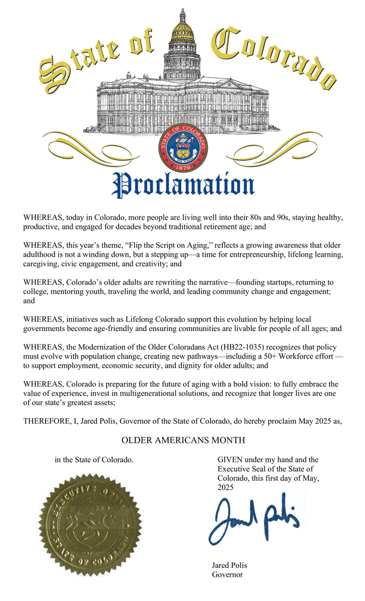 Governor Polis has proclaimed May as Older Americans Month in Colorado.
#OlderAmericansMonth2025 #FlipTheScriptOnAging