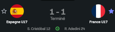 fenottes's tweet photo. [Sélection - Euro U17]
Espagne 🇪🇸1-1🇫🇷 France
90 minutes pour Maissa #Fathallah   
Camille #Marmillot a joué la première mi-temps
7mn pour Océane #Moreau Tranchant
La gardienne Alexane #Lambert n'est pas entrée en jeu https://t.co/6545fumxt2
