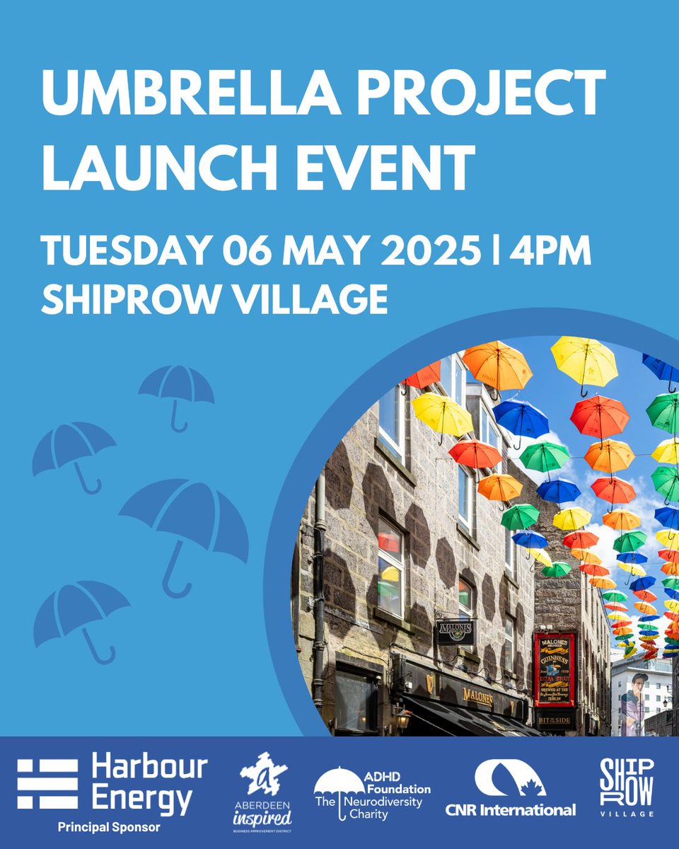 AbdnInspired's tweet photo. The colourful Umbrella Project is back on Shiprow to brighten Aberdeen’s summer and celebrate neurodiversity ☂️🌈

The canopy is up, and the official launch event happens tomorrow – Tuesday 6 May!

Full story: https://t.co/rg99B6AHQe 

@ADHDFoundation https://t.co/2Kxoi227Ct
