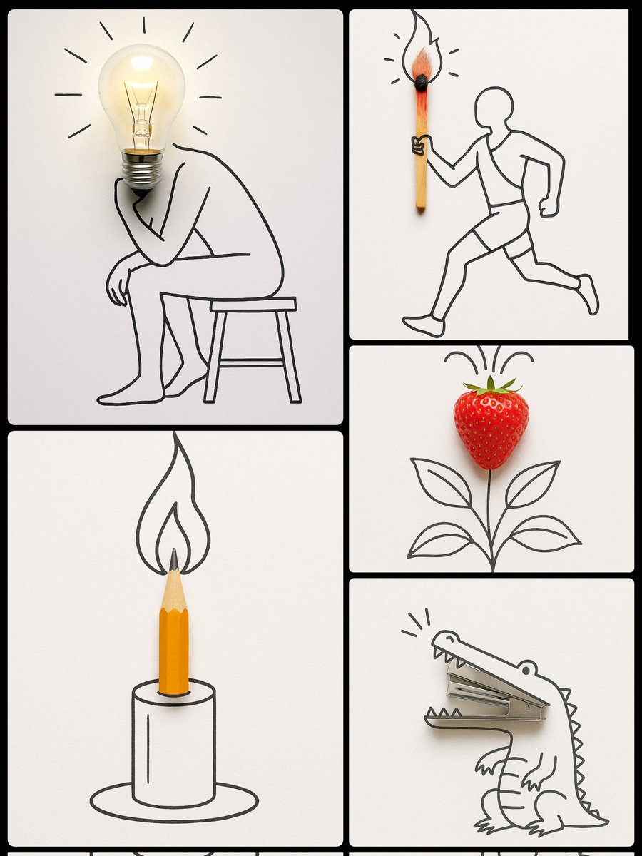 umesh_ai's tweet image. AI + Imagination = Visual Magic. 

All created with ChatGPT-4o!

Generic Prompt Template and example :

Create a minimalist mixed-media illustration that combines a simple black line drawing of [SUBJECT or SCENE] with a real-world object [OBJECT] strategically placed to represent…