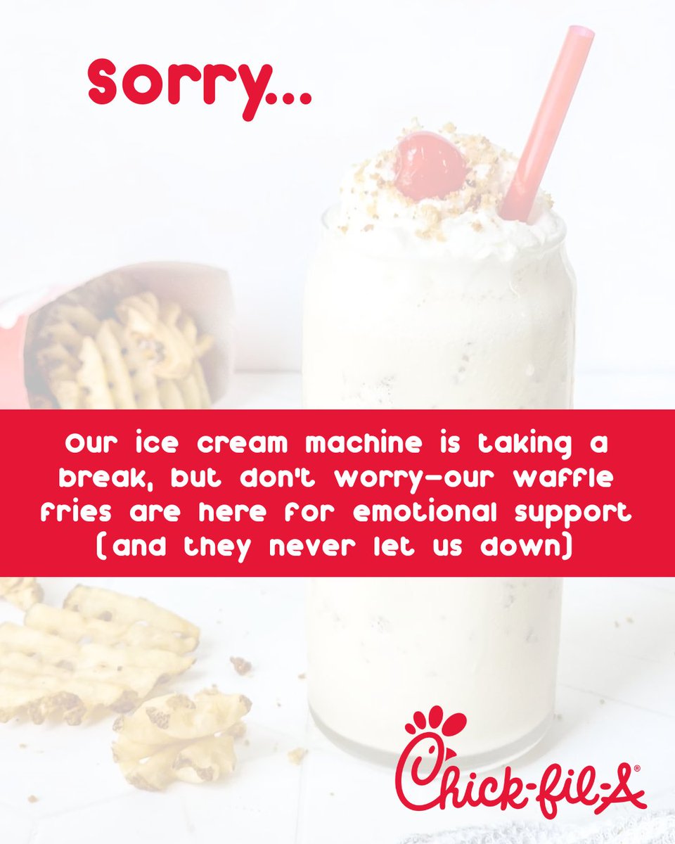 No ice cream, but we do have waffle fries! Our machine decided to break down 😔, but as soon as it can be fixed we will let you know!