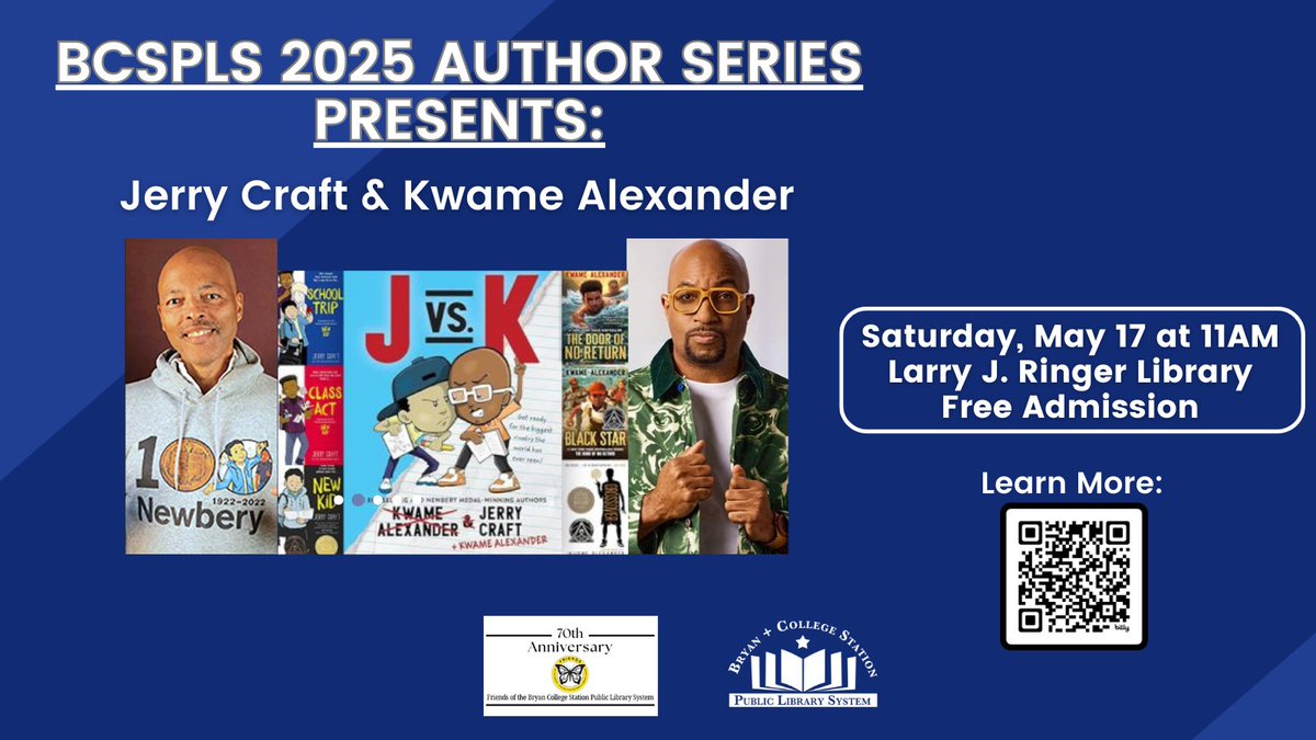 BCS Public Libraries 2025 Author Series presents authors Jerry Craft and Kwame Alexander at the Ringer Library on Saturday, May 17th! Jerry &amp; Kwame are doing a book tour for their first ever co-authored children's book J vs. K!