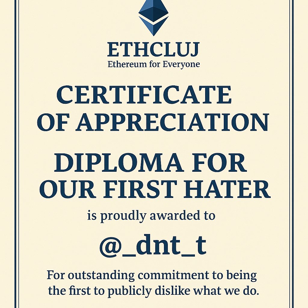 msg.sender 🌊 (@catalin_balut) on Twitter photo Congrats <a href="/_dnt_t/">fuckhypios</a> ! You’ve won the prize!
Your comment “ce pula mea e eth cluj” (roughly: “what the fuck is eth cluj”) has officially earned you our First Hater Diploma.
We're thrilled! It means we're finally making waves.
Stay close, more awards coming soon! Congrats <a href="/_dnt_t/">fuckhypios</a> ! You’ve won the prize!
Your comment “ce pula mea e eth cluj” (roughly: “what the fuck is eth cluj”) has officially earned you our First Hater Diploma.
We're thrilled! It means we're finally making waves.
Stay close, more awards coming soon!