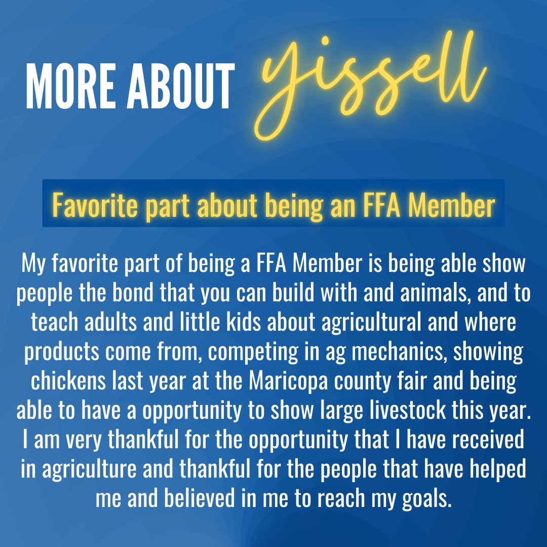 Today we are highlighting Yissell Huerta! Yissell is a member of Chandler FFA and is currently raising a Purebred Yorkshire Gilt.

Use this link to fill out the form for a chance to be highlighted on our social media!
bit.ly/AZFFAMemberHig…