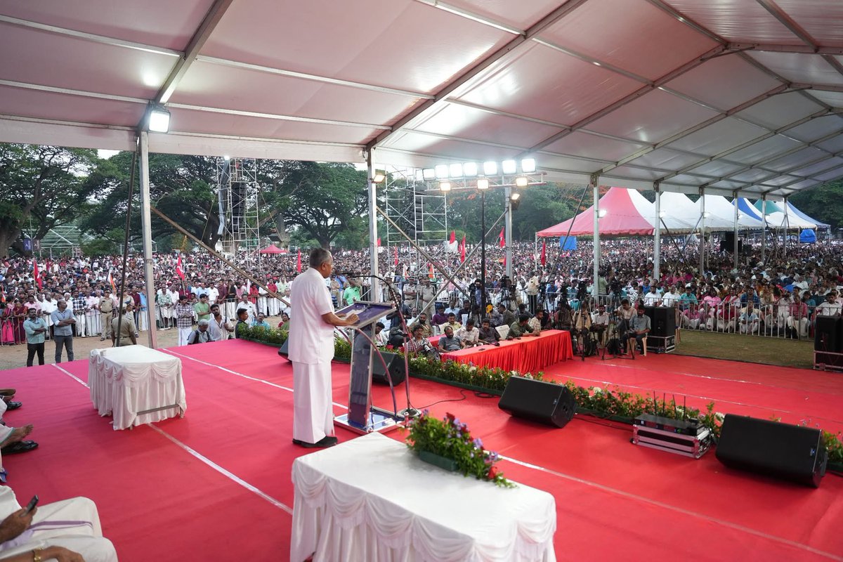 pinarayivijayan's tweet photo. The massive rally held at Palakkad Kotta Maithanam today was a resounding rejection of the false campaigns against the LDF Govt. It’s a clear warning to those trying to impede Kerala’s progress-our resolve to build a new, thriving Kerala will prevail. https://t.co/IcFckGblYj