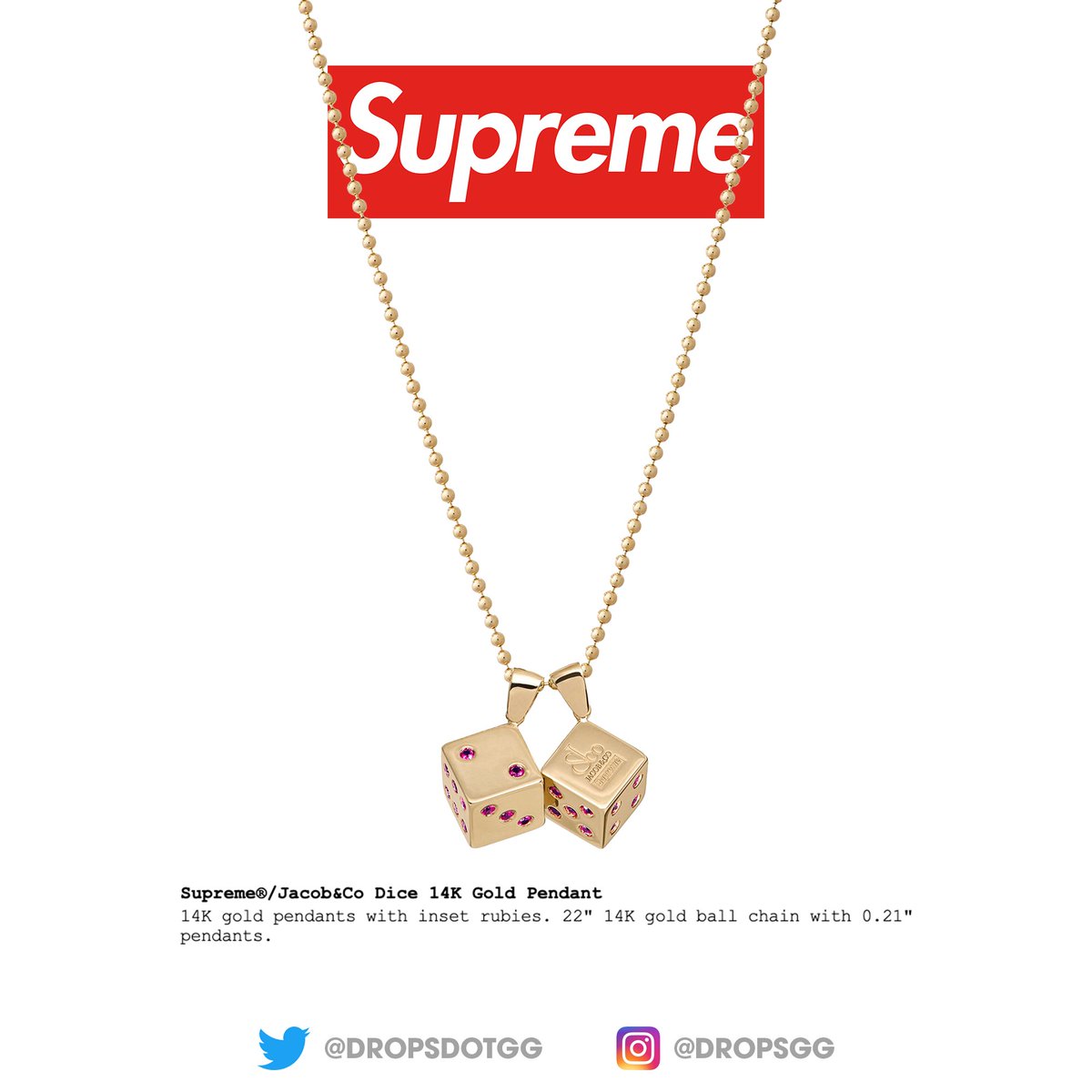 Supreme x Jacob&Co Dice 14K Gold Pendant is set to release this