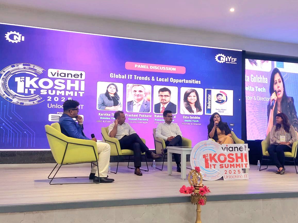 Karvikat's tweet photo. Honored to be panelists @ Koshi IT Summit 2025 organized by @cniyef_koshi Chapter on Global IT Trends &amp; Local Opportunities. It takes all of us, the private sector, provincial government &amp; NGOs to come together, build ecosystem &amp; trust in our youth #koshiitsummit2025 #CNIYEF https://t.co/64cy5DNPly