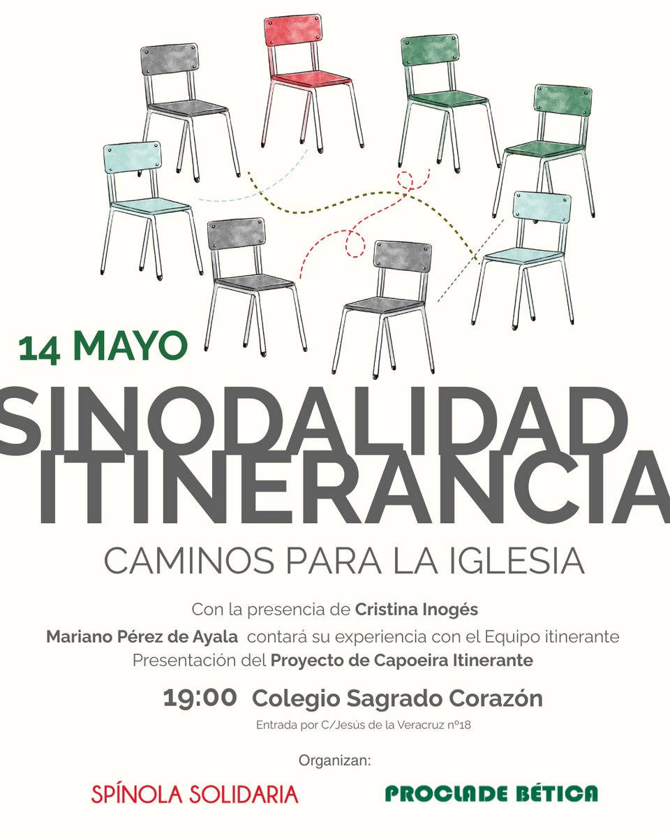 "Sinodalidad e itinerancia, caminos para la Iglesia" es el título de la jornada que organizamos junto con <a href="/ProcladeBetica/">✳️ Proclade Bética</a> para reflexionar sobre el trabajo en red y la participación. Contaremos con <a href="/Crisinogessanz/">Cristina Inogés Sanz</a> y <a href="/Marianopac/">Mariano P. de Ayala</a> 
Será el 14 de mayo a las 19h en el @ColEsclavasSvq