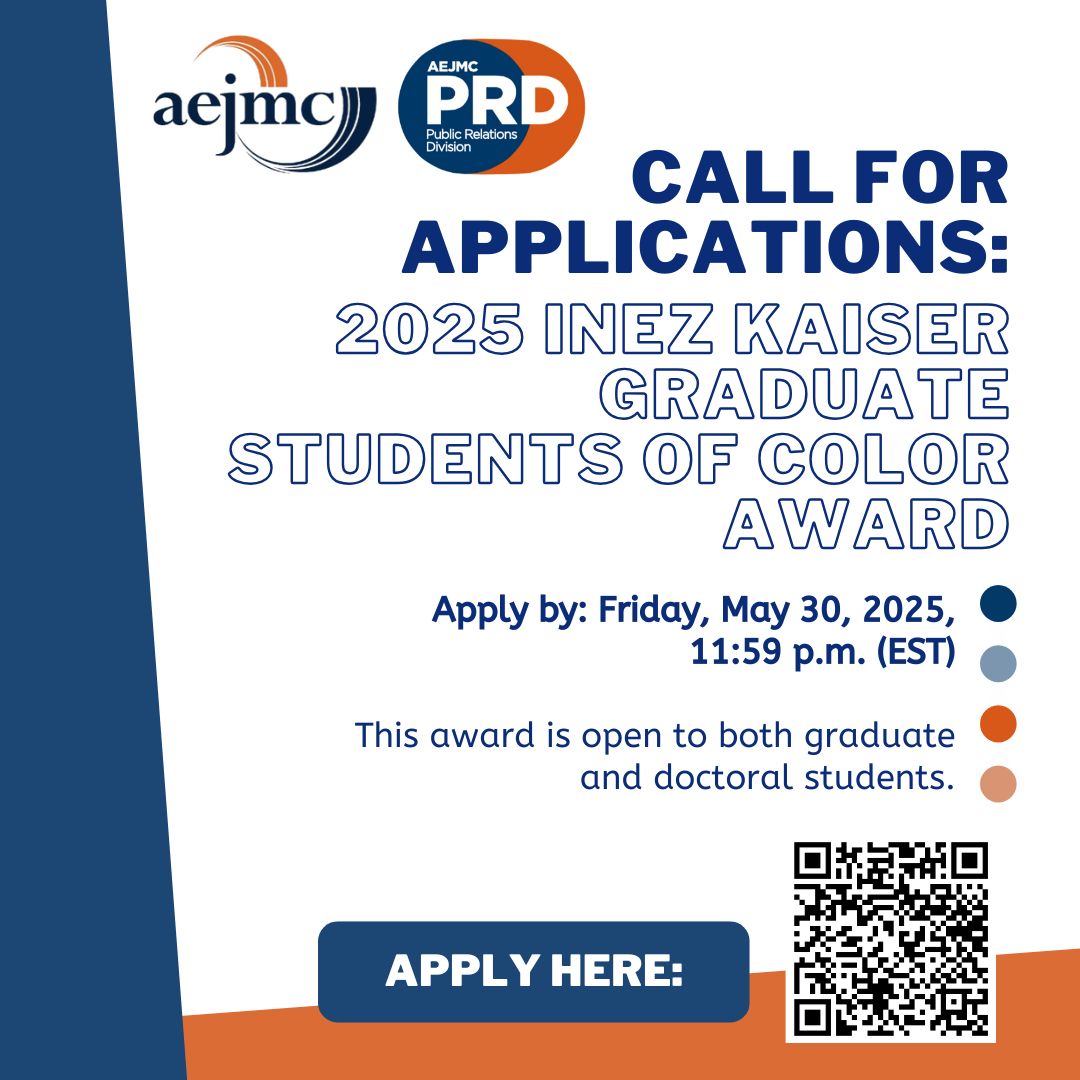 Are you—or do you know—a standout grad student of color? 🎓 Nominate yourself or a peer for the 2025 Inez Kaiser Graduate Student Award! 📷 Celebrate excellence &amp; elevate emerging voices. Apply now 📷👉community.aejmc.org/publicrelation…