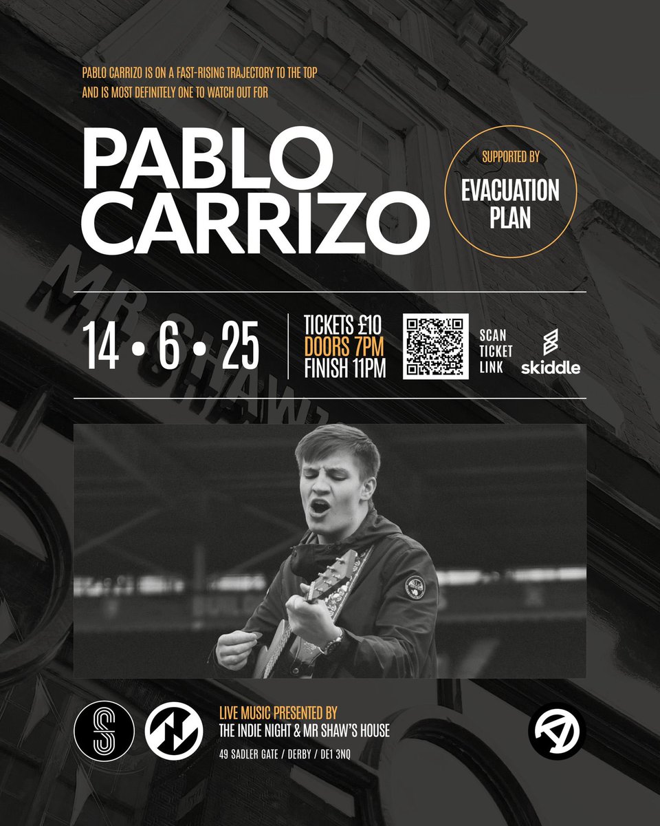 The Indie Night (@theindienight) on Twitter photo Gig announcement!!! The Indie Night are proud to present <a href="/Pablo_Carrizo_/">Pablo Carrizo</a> live at Mr Shaws House <a href="/MrShaw75/">Mr Shaw 75</a> on Saturday 14th June with support from Derby’s own ‘Evacuation Plan’ playing an acoustic set. This is one not one to be missed!
<a href="/MAPromotions2/">Ellis Moore</a>
skiddle.com/whats-on/Derby… Gig announcement!!! The Indie Night are proud to present <a href="/Pablo_Carrizo_/">Pablo Carrizo</a> live at Mr Shaws House <a href="/MrShaw75/">Mr Shaw 75</a> on Saturday 14th June with support from Derby’s own ‘Evacuation Plan’ playing an acoustic set. This is one not one to be missed!
<a href="/MAPromotions2/">Ellis Moore</a>
skiddle.com/whats-on/Derby…