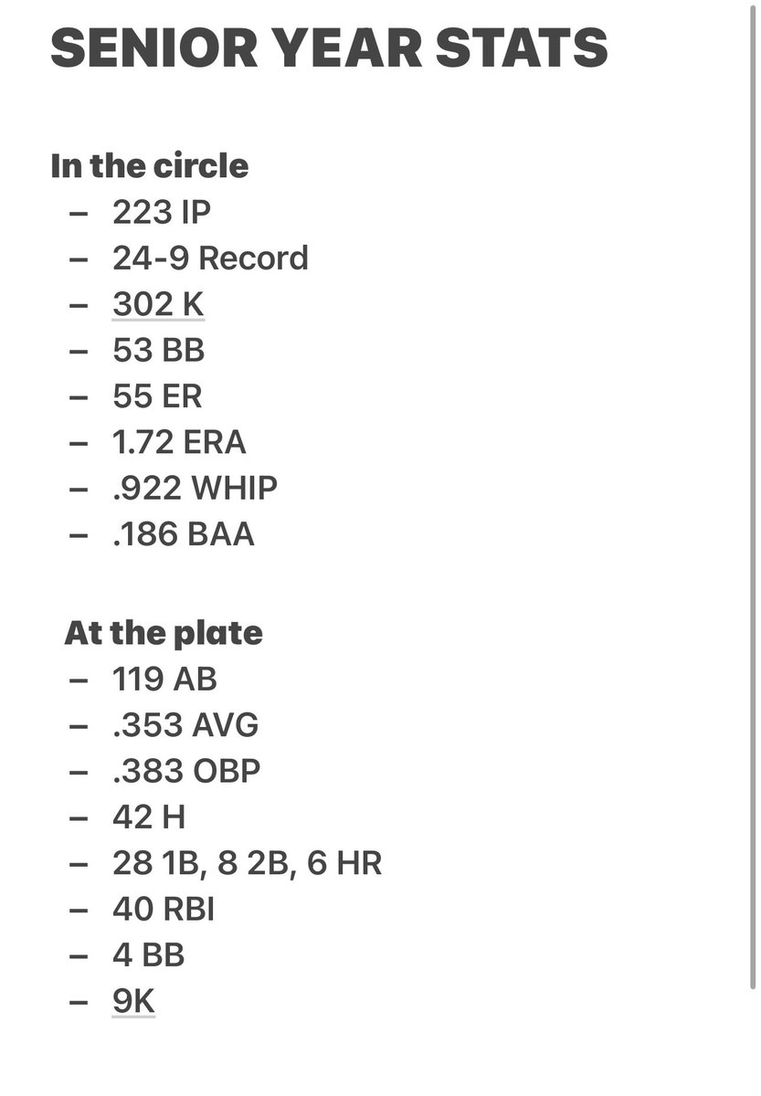 I absolutely could not have asked for a better senior season. We fell one run short in the state championship, but proved SO MANY people wrong. We went from an 8-9 record to a 17 game win streak until the championship- we believed when nobody else did. Stats below <a href="/RhodesSoftball/">Rhodes Softball</a>