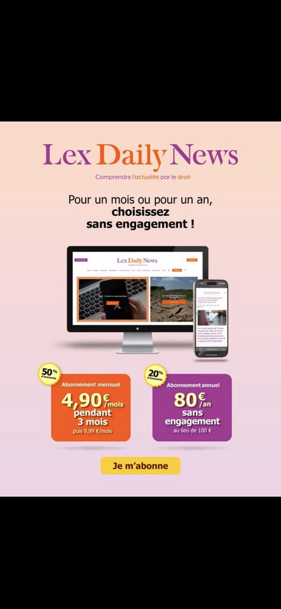 Delphine Iweins (@delphineiweins) on Twitter photo 🎉 <a href="/LexDailyNews/">Lex Daily News</a> fête ses 3 ans avec vous ! À cette occasion, nous avons une offre exceptionnelle : des abonnements à petits prix pour que l'information pratique soit accessible à tous !
📲 : lexdailynews.fr/abonnements/
🧡 Merci de participer à l'aventure de ce média indépendant ! 🎉 <a href="/LexDailyNews/">Lex Daily News</a> fête ses 3 ans avec vous ! À cette occasion, nous avons une offre exceptionnelle : des abonnements à petits prix pour que l'information pratique soit accessible à tous !
📲 : lexdailynews.fr/abonnements/
🧡 Merci de participer à l'aventure de ce média indépendant !