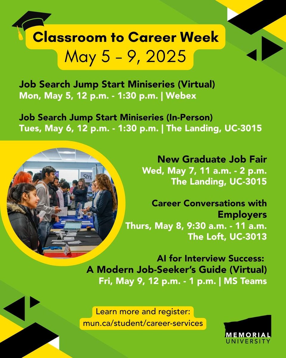 Attention new grads!
Kick off your career journey with Classroom to Career Week, happening May 5–9, 2025! Whether you’re searching for your first job, preparing for interviews, or hoping to connect with employers, there’s something here for everyone. #CareerWeek