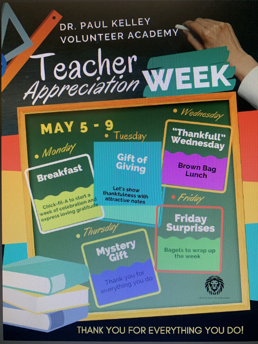 HAPPY TEACHER’S APPRECIATION WEEK to educators everywhere but especially to ours here at KVA and NCA! Here’s a look at the week we have planned for you. Thanks for all you do everyday for our kiddos. We appreciate you more than you know! 🖤💛