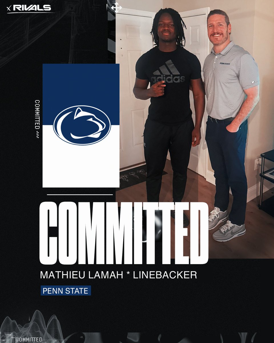 Penn State Nittany Lions | Happy Valley Insider (@pennstaterivals) on Twitter photo 🦁WE ARE……BETTER!🦁
Four-Star <a href="/PatriotHS_FB/">Patriot Pioneers Football</a> linebacker Mathieu Lamah (<a href="/Mathieukanu9/">Mathieu Lamah 4⭐️</a>) commits to Penn State Football!
👉 tinyurl.com/Lamah2PSU 🦁WE ARE……BETTER!🦁
Four-Star <a href="/PatriotHS_FB/">Patriot Pioneers Football</a> linebacker Mathieu Lamah (<a href="/Mathieukanu9/">Mathieu Lamah 4⭐️</a>) commits to Penn State Football!
👉 tinyurl.com/Lamah2PSU