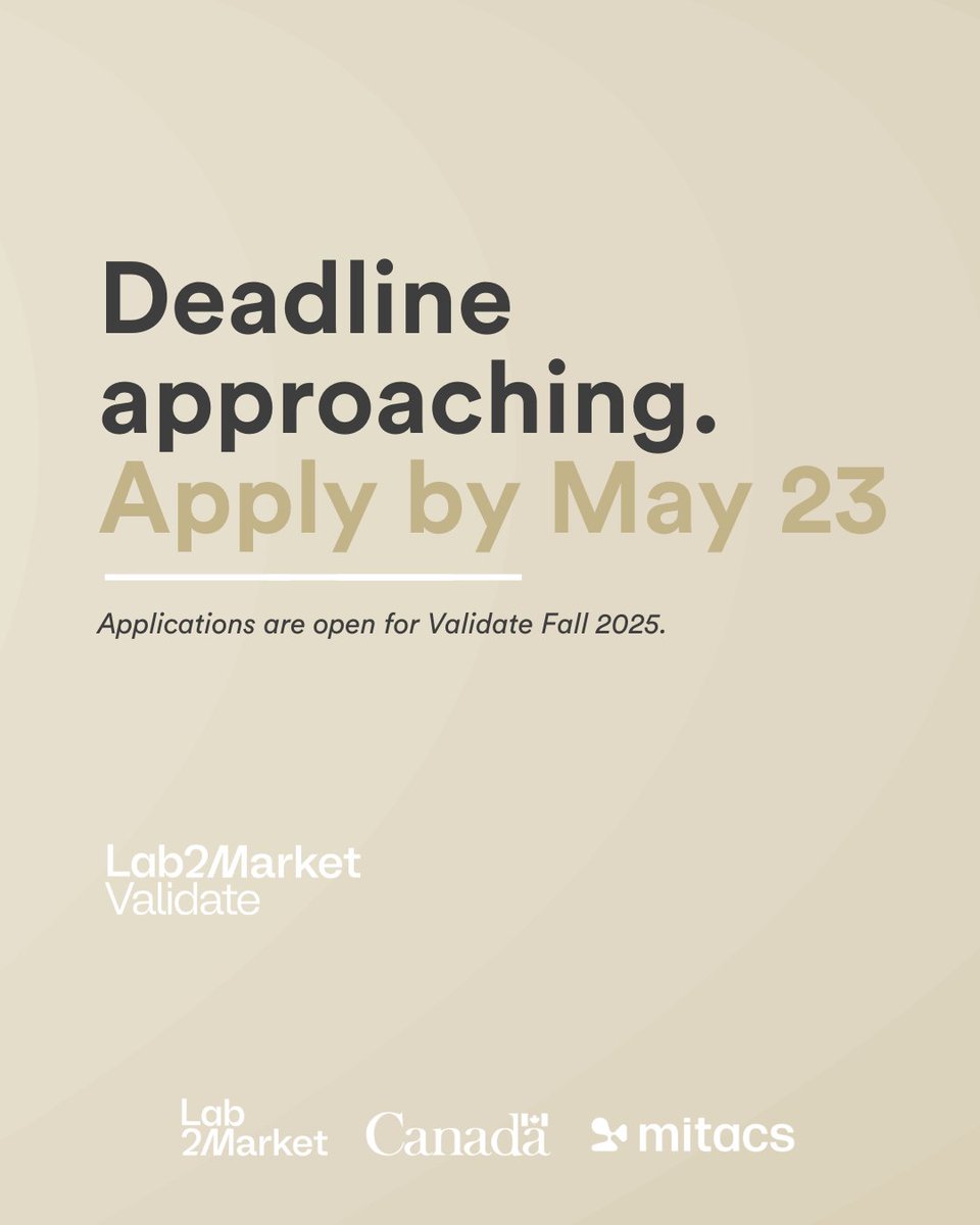 The application deadline for <a href="/Lab2MarketCA/">Lab2Market</a> Validate Alberta is Friday, May 23!

Lab2Market Validate gives researchers the opportunity to critically test and evaluate their idea in the entrepreneurial landscape. This carefully curated 16-week experience is complemented by funding,