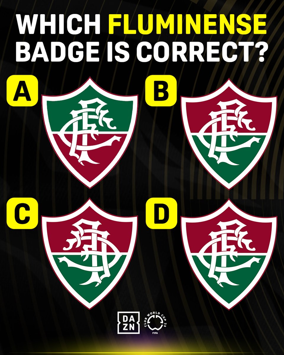 DAZN Football (@daznfootball) on Twitter photo 🤔🔍 Can you find Fluminense’s real badge from these four?
Catch <a href="/FluminenseFC/">Fluminense F.C.</a> in the <a href="/FIFACWC/">FIFA Club World Cup</a> | June 14 - July 13 | Every Game | Live | DAZN.com | #FIFACWC #TakeItToTheWorld 🤔🔍 Can you find Fluminense’s real badge from these four?
Catch <a href="/FluminenseFC/">Fluminense F.C.</a> in the <a href="/FIFACWC/">FIFA Club World Cup</a> | June 14 - July 13 | Every Game | Live | DAZN.com | #FIFACWC #TakeItToTheWorld