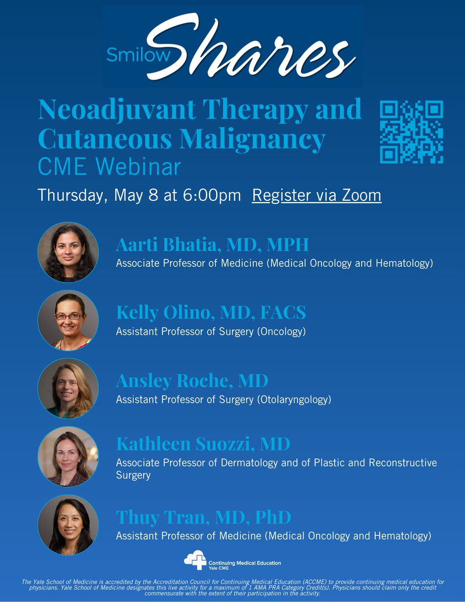 Yale Cancer Center (@yalecancer) on Twitter photo Join us Thursday at 6pm for a #CME Webinar, Neoadjuvant Therapies and Cutaneous Malignancies, featuring presentations from 5 of our experts:
<a href="/AartiBhatiaMD/">Aarti Bhatia</a>; <a href="/KellyOlinoMD/">Kelly Olino</a>; Ansley Roche, MD <a href="/YaleSurgery/">Yale Surgery</a>; <a href="/suozziskindoc/">Kathleen Suozzi</a>; <a href="/TranMDPhD/">Thuy Tran, MD, PhD</a>
➡️Register: bit.ly/4jHdjCg Join us Thursday at 6pm for a #CME Webinar, Neoadjuvant Therapies and Cutaneous Malignancies, featuring presentations from 5 of our experts:
<a href="/AartiBhatiaMD/">Aarti Bhatia</a>; <a href="/KellyOlinoMD/">Kelly Olino</a>; Ansley Roche, MD <a href="/YaleSurgery/">Yale Surgery</a>; <a href="/suozziskindoc/">Kathleen Suozzi</a>; <a href="/TranMDPhD/">Thuy Tran, MD, PhD</a>
➡️Register: bit.ly/4jHdjCg