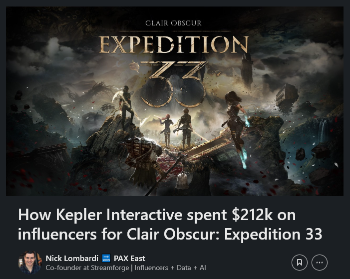 NotRaker's tweet photo. I analyzed how Kepler Interactive spent $212k on influencers for the release of Clair Obscur: Expedition 33. This game has made waves in the industry, and I'm excited to dig into how they made it happen with you all!

You will get:
- a breakdown of marketing activations
- budget distribution by platform
- a full list of creators that were paid

👇 Continue reading 👇