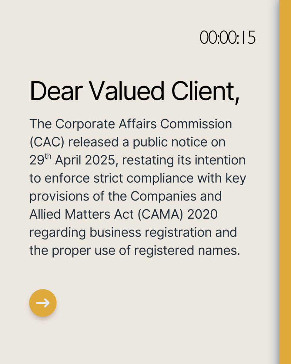 HamuLegal's tweet photo. On April 29, 2025, the CAC reiterated its plan to strictly enforce the provisions of CAMA 2020. Businesses in Nigeria should take note— non-compliance now carries clear legal risks. https://t.co/7J9MfJBz18