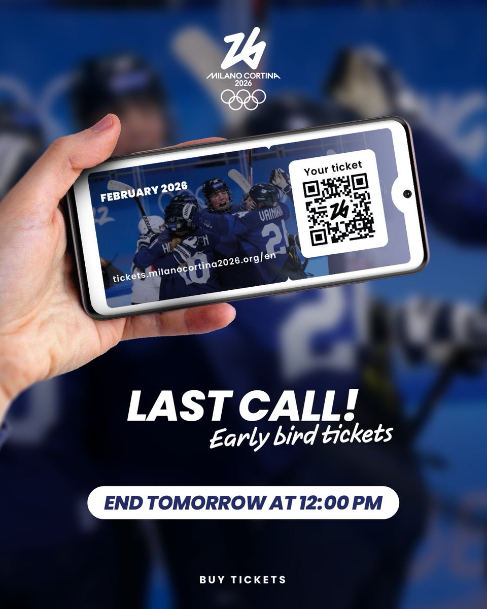 🎫 LAST CHANCE to get your Milano Cortina 2026 tickets at special prices!

⏳Hurry up — you have until 12:00 PM tomorrow!

Click here 👉 shorturl.at/t3Y5P

#MilanoCortina2026 #Olympics #Paralympics