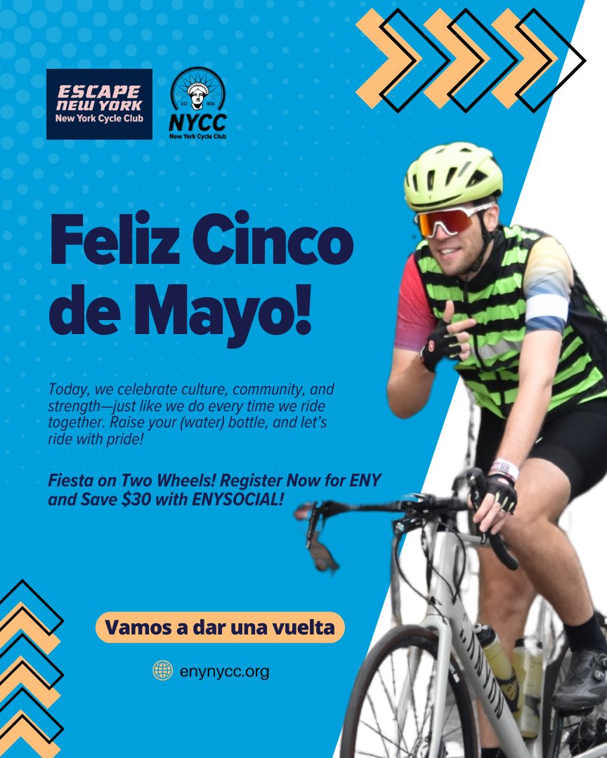 ¡Feliz Cinco de Mayo, cyclists! 

Today we celebrate culture, community, and strength—just like we do every time we ride together. Register Now 
Use code ENYSOCIAL for $30 off registration and receive a year's membership to NYCC bit.ly/4hYCTl4 Let’s fiesta on two wheels