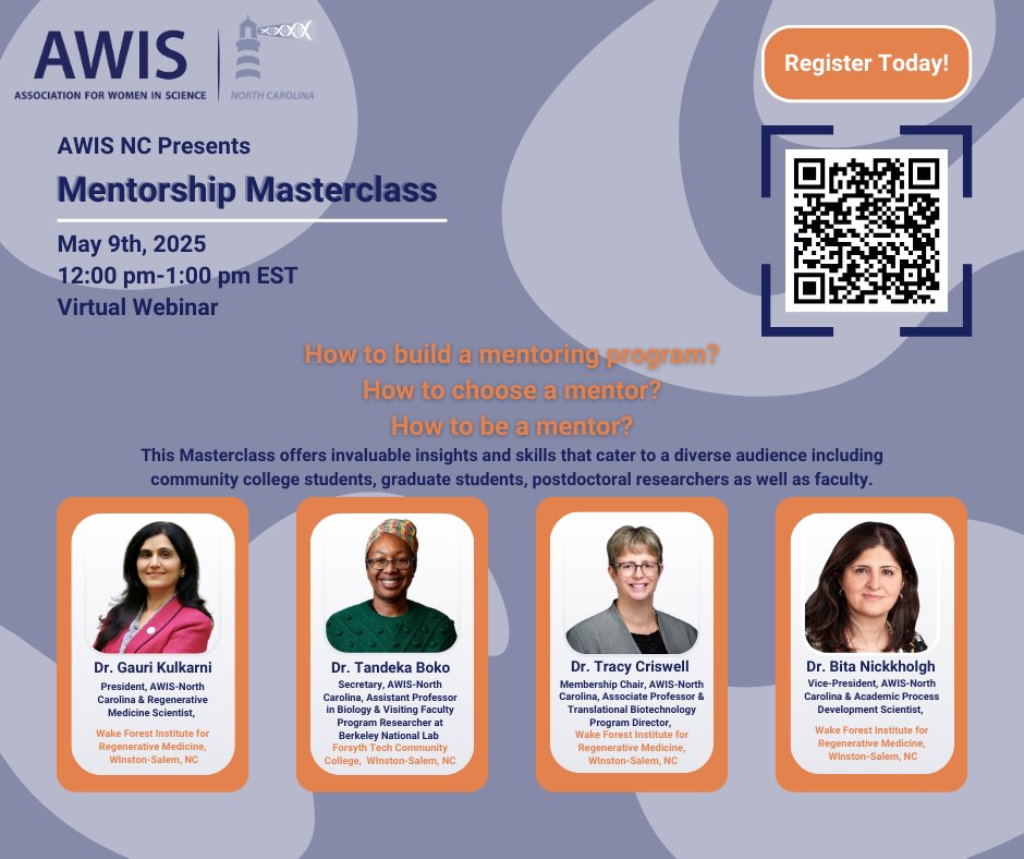 AWIS-North Carolina (@awisnc) on Twitter photo This is a reminder to sign up for the AWIS-NC Mentorship Masterclass!
Date: May 9th, 2025
Time: 12:00 PM - 1:00 PM EST
Address: Virtual Webinar
Members only, register at awis.memberclicks.net/mentorshipmast… or scan the QR code to secure your spot!
#AWIS #AWISNC #Mentorship <a href="/AWISNational/">Association for Women in Science</a> This is a reminder to sign up for the AWIS-NC Mentorship Masterclass!
Date: May 9th, 2025
Time: 12:00 PM - 1:00 PM EST
Address: Virtual Webinar
Members only, register at awis.memberclicks.net/mentorshipmast… or scan the QR code to secure your spot!
#AWIS #AWISNC #Mentorship <a href="/AWISNational/">Association for Women in Science</a>