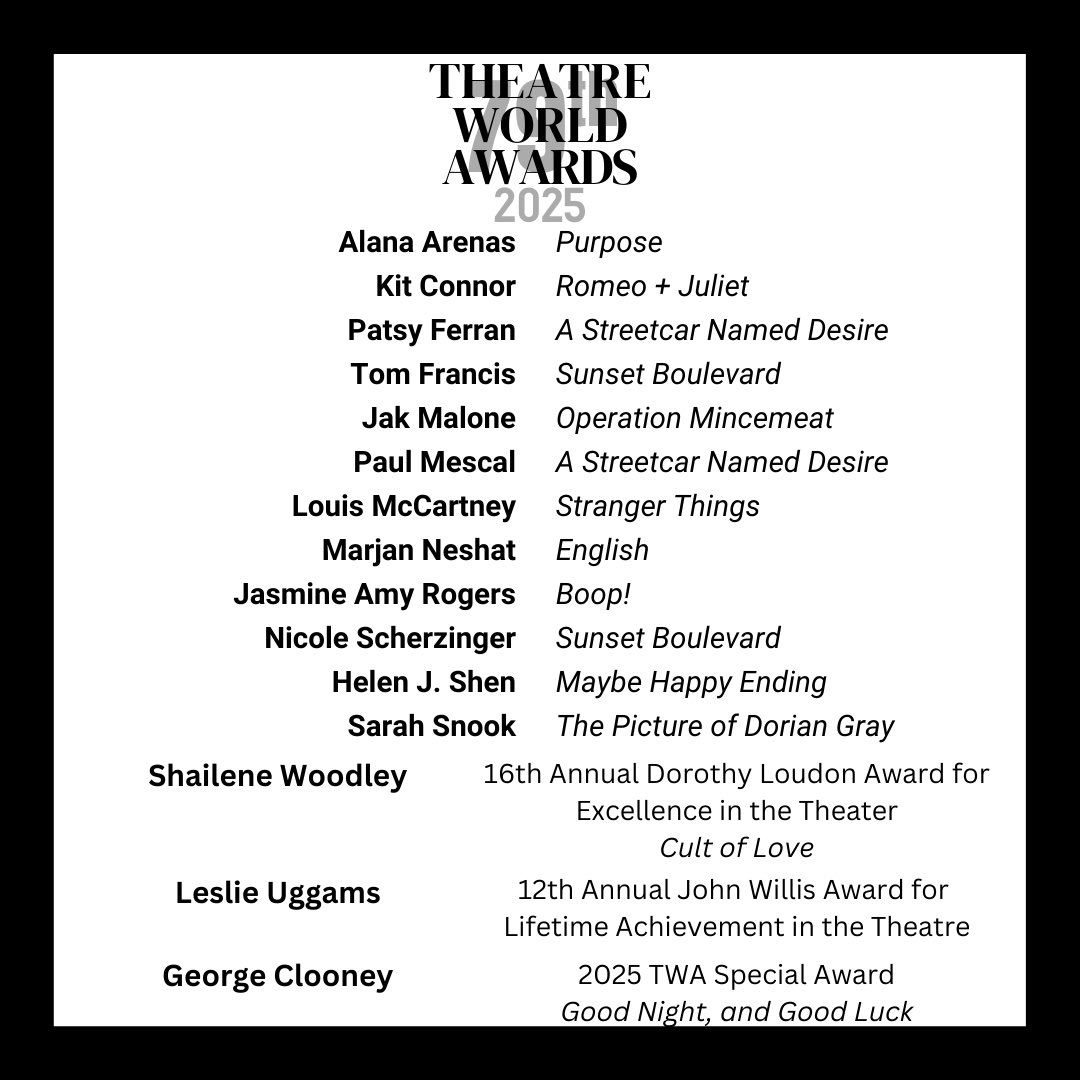 Congratulations to the 2025 winners of the 79th Annual Theatre World Awards! 👏💙🎉 #TWAwards25