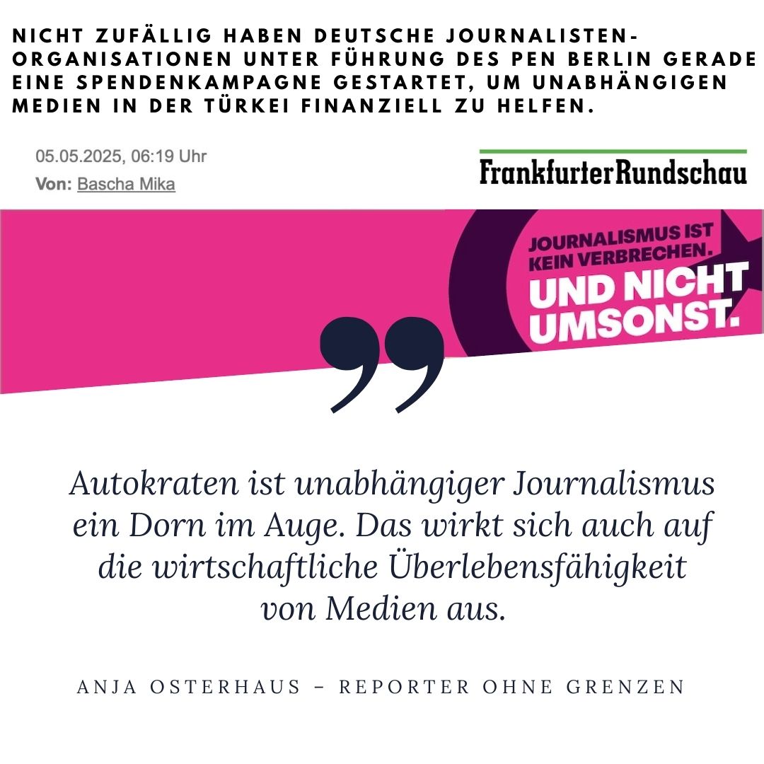 PEN Berlin (@pen_berlin) on Twitter photo Die <a href="/fr/">FrankfurterRundschau</a> beschreibt, wie die Pressefreiheit weltweit unter Druck steht. Laut <a href="/ReporterOG/">Reporter ohne Grenzen</a> erleben Journalisten in jedem zweiten Staat Repression, Zensur oder Gewalt👇
Die Türkei belegt dabei den Rang 159 - von 180 beobachteten Ländern.
✨So können Sie unterstützen:
👉 Die <a href="/fr/">FrankfurterRundschau</a> beschreibt, wie die Pressefreiheit weltweit unter Druck steht. Laut <a href="/ReporterOG/">Reporter ohne Grenzen</a> erleben Journalisten in jedem zweiten Staat Repression, Zensur oder Gewalt👇
Die Türkei belegt dabei den Rang 159 - von 180 beobachteten Ländern.
✨So können Sie unterstützen:
👉