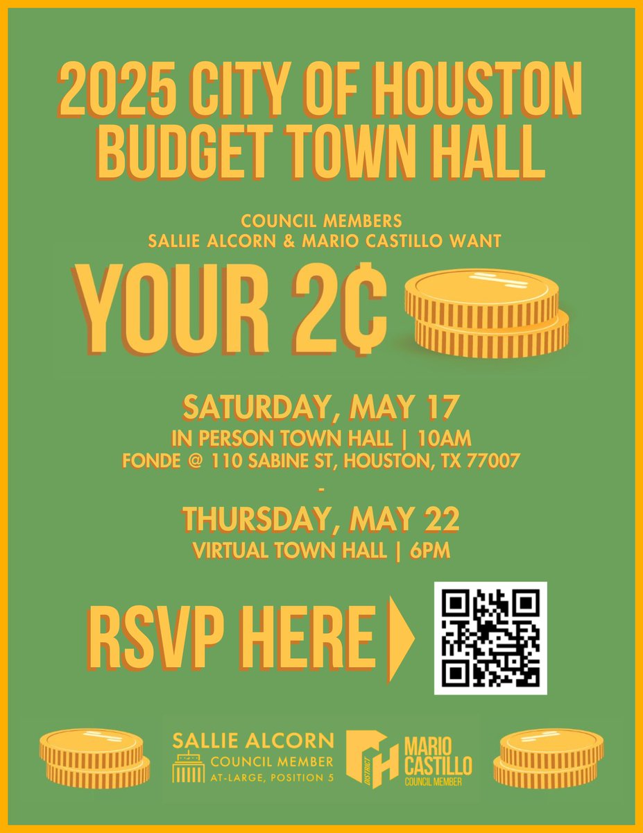 🎉 Let’s Talk Budget, Houston! 🎉
Join BFA Vice Chair Mario Castillo and me for two budget town halls:
📍 Saturday, May 17, 10 AM – Fonde Center
💻 Thursday, May 22, 6 PM – Virtual
✨ Bonus: There’s also a public hearing on May 21 at 9 AM at City Hall (Anna Russell Chamber).