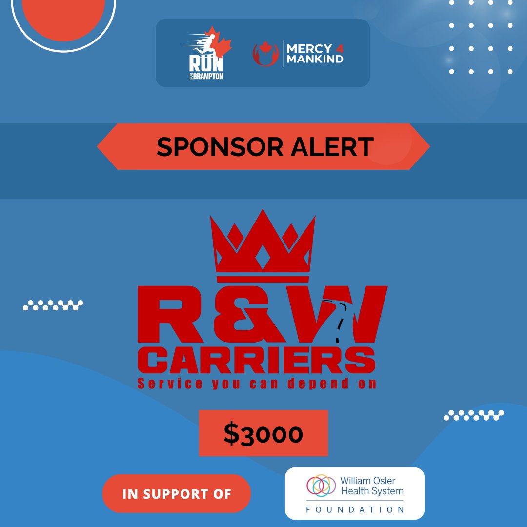 Run For Brampton (@run4brampton) on Twitter photo π¦π£π’π‘π¦π’π₯ ππππ₯π§!
Big THANK YOU to R&W Carriers for their generous $3,000 sponsorship in support of our Run for Brampton
Your support helps us make a real impact through the
<a href="/OslerHealth/">William Osler Health System</a>
π
May 11
πCentral Peel Turf Field
π9AM
Register Now:
raceroster.com/events/2025/10β¦ π¦π£π’π‘π¦π’π₯ ππππ₯π§!
Big THANK YOU to R&W Carriers for their generous $3,000 sponsorship in support of our Run for Brampton
Your support helps us make a real impact through the
<a href="/OslerHealth/">William Osler Health System</a>
π
May 11
πCentral Peel Turf Field
π9AM
Register Now:
raceroster.com/events/2025/10β¦