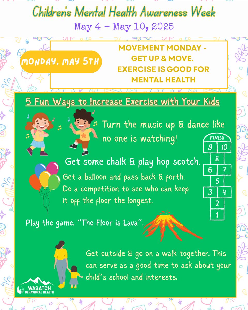 It’s Movement Monday! Did you know that exercising increases mental health? Try out these fun ideas to increase exercise with your kids. 

#wasatchbehavioralhealth #childrensmentalhealth #childrensmentalhealthawarenessweek #mentalhealth #kidswellness