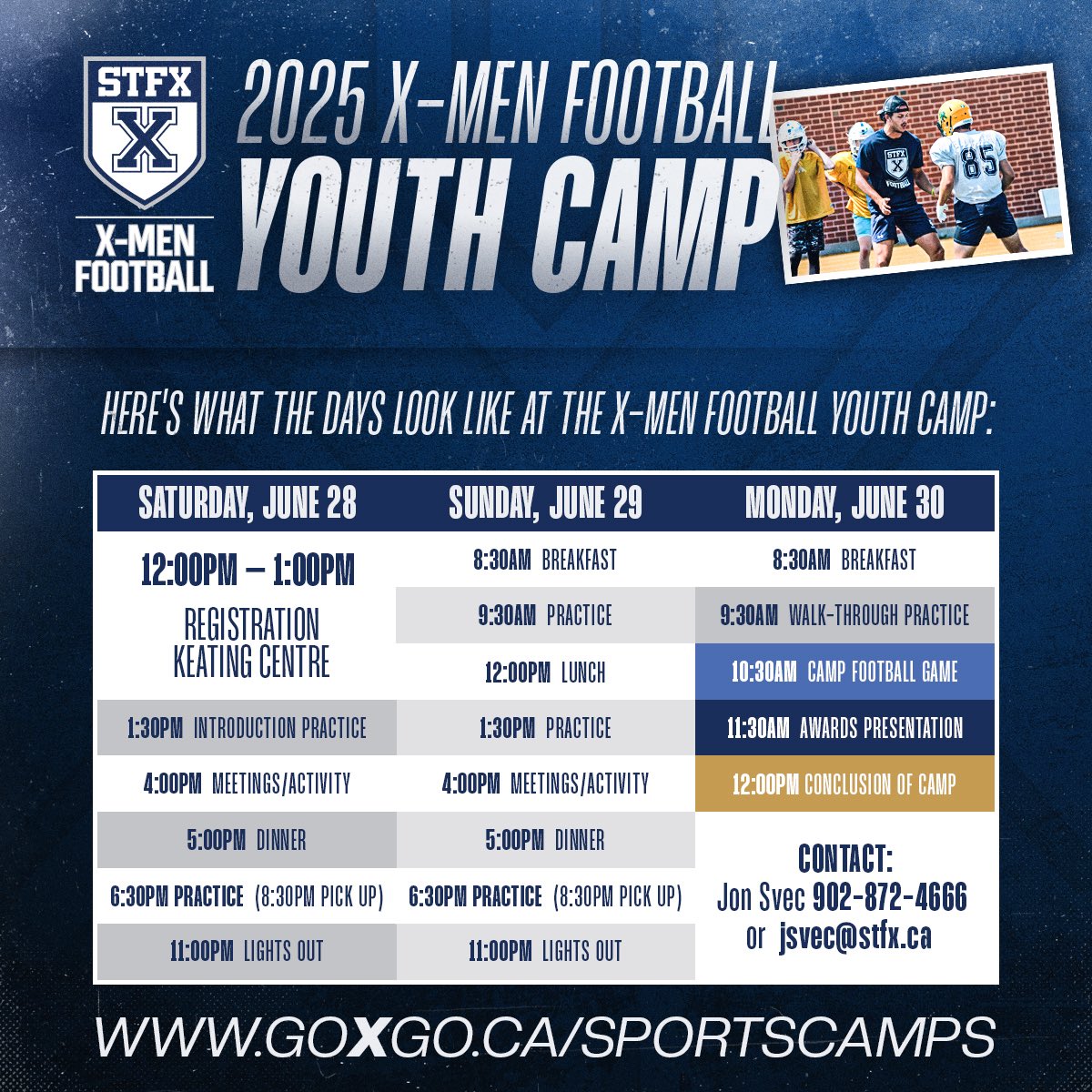 The days are PACKED at the X-Men Football Youth Camp.

Register as a Day Camper or an Overnight Camper.

Join the Padded Camp or the Flag Football Camp.

No experience necessary!

Register here: goxgo.ca/sportscamps