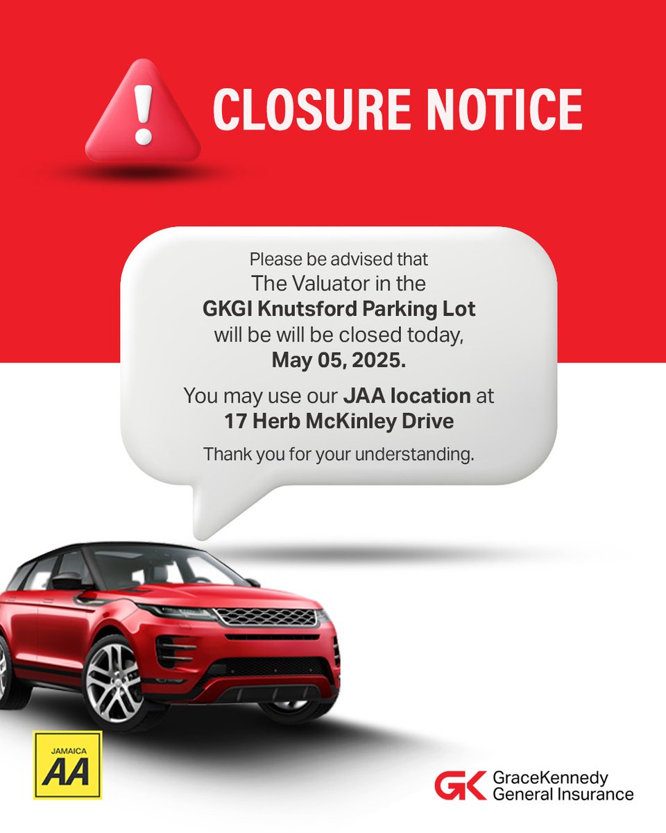 The Valuator at our GKGI Knutsford Branch parking lot is closed today. For your convenience, please visit our JAA location at 17 Herb McKinley Drive.

We apologize for any inconvenience and appreciate your understanding