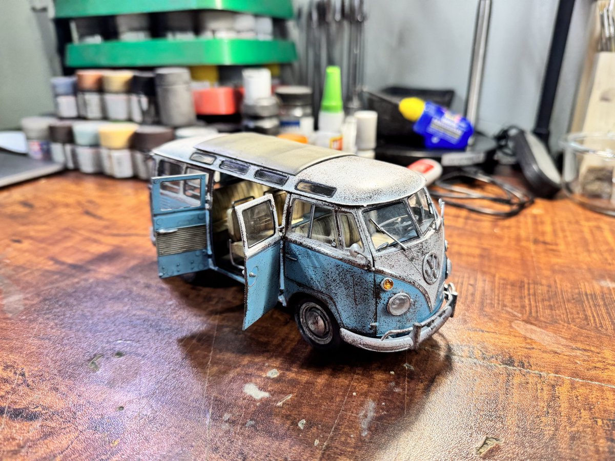 PopeOfPlastic's tweet photo. My annual 12 hour nonstop build from start to finish without stopping! The VW Samba van. #volkswagon #vw #automotive #scaleauto #scalemodel https://t.co/QBi9OCTo7S